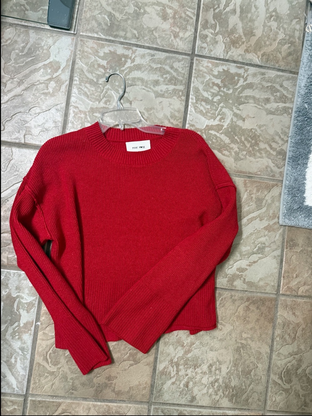 Pink Rose Red Crewneck Ribbed Knit Sweater